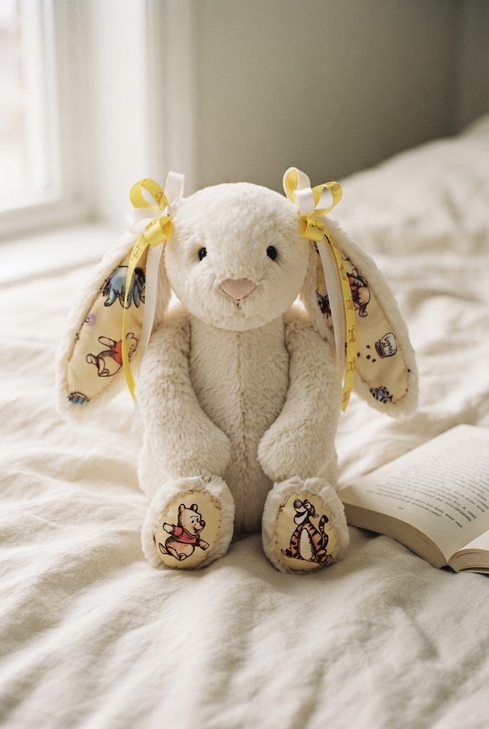 Curvite Winnie the Bear bunny plush on a linen bedspread