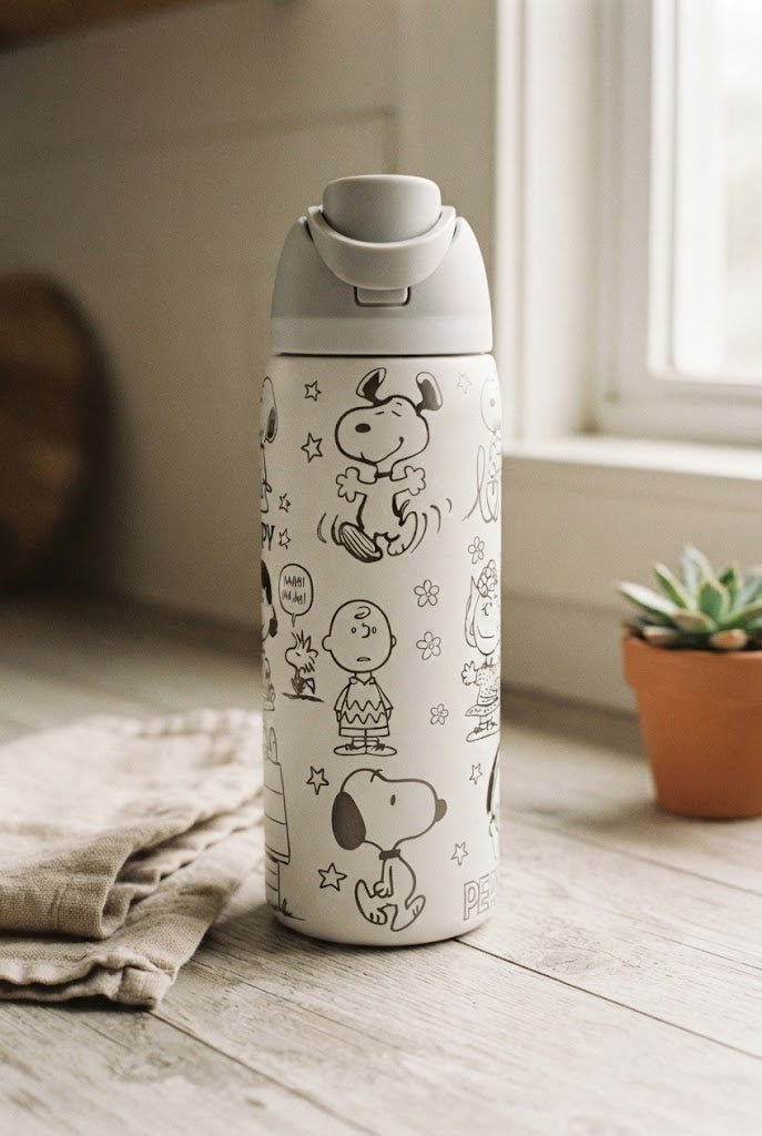 Curvite Peanuts 32oz FreeSip water bottle on a kitchen counter