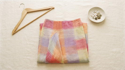A Curvite printed skirt folded flat on cream linen beside a wooden hanger