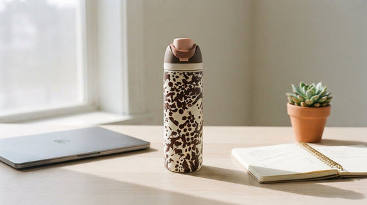A Curvite printed FreeSip water bottle on a pale desk beside a laptop and notebook