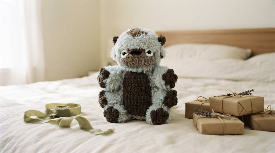 A Curvite plush on a cream linen bed beside wrapped kraft-paper gifts