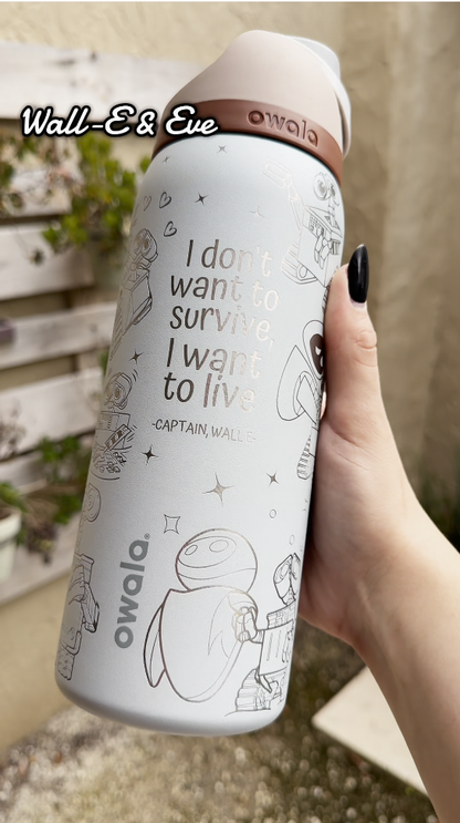 Wall-E and Eve Engraved 32 oz FreeSip Water Bottle