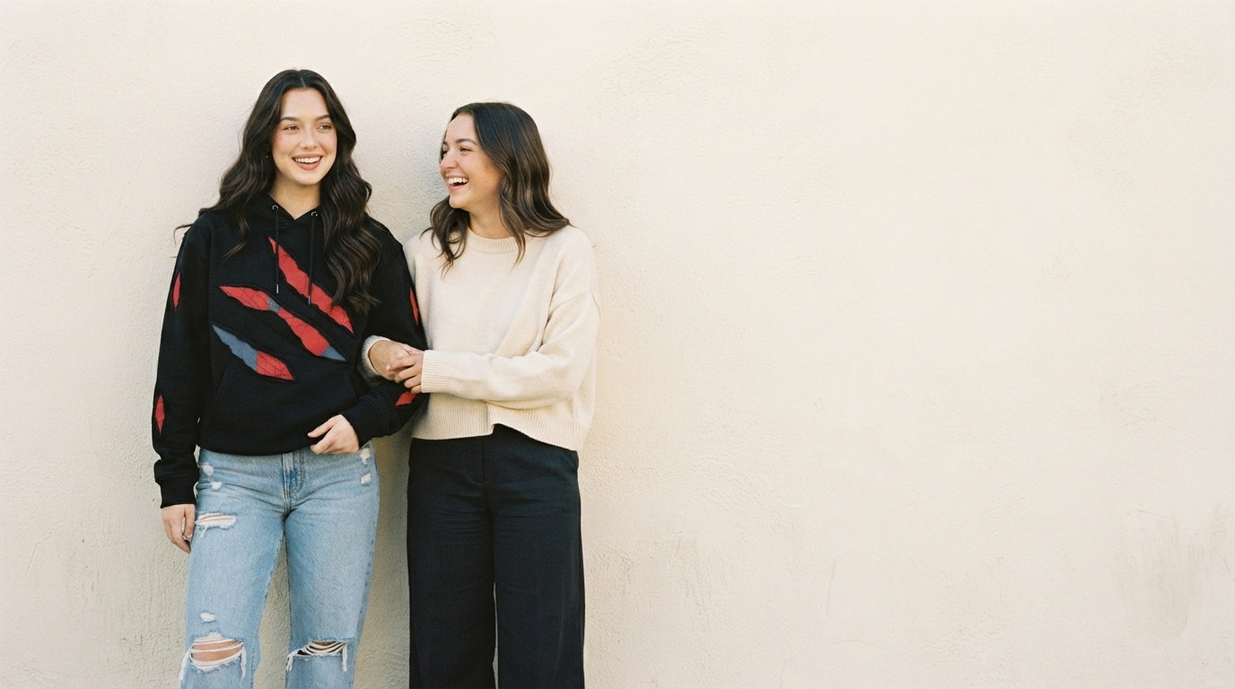 Two models, one in the Curvite La Griffe web hoodie, against a cream wall