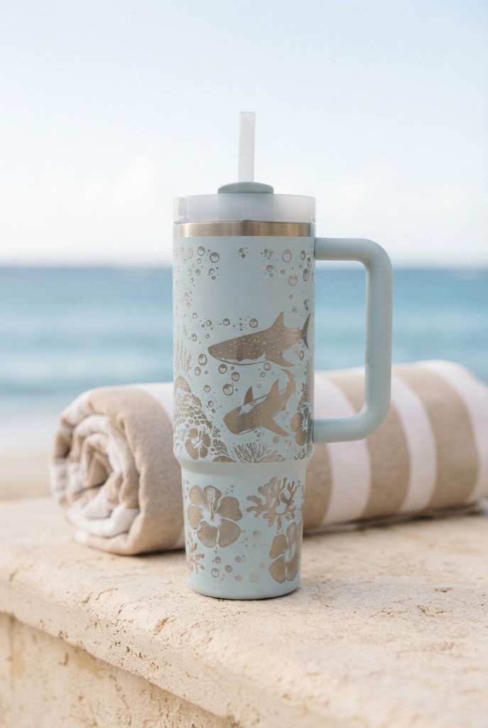 Curvite Whale Shark Reef 40oz tumbler on a stone ledge by the sea