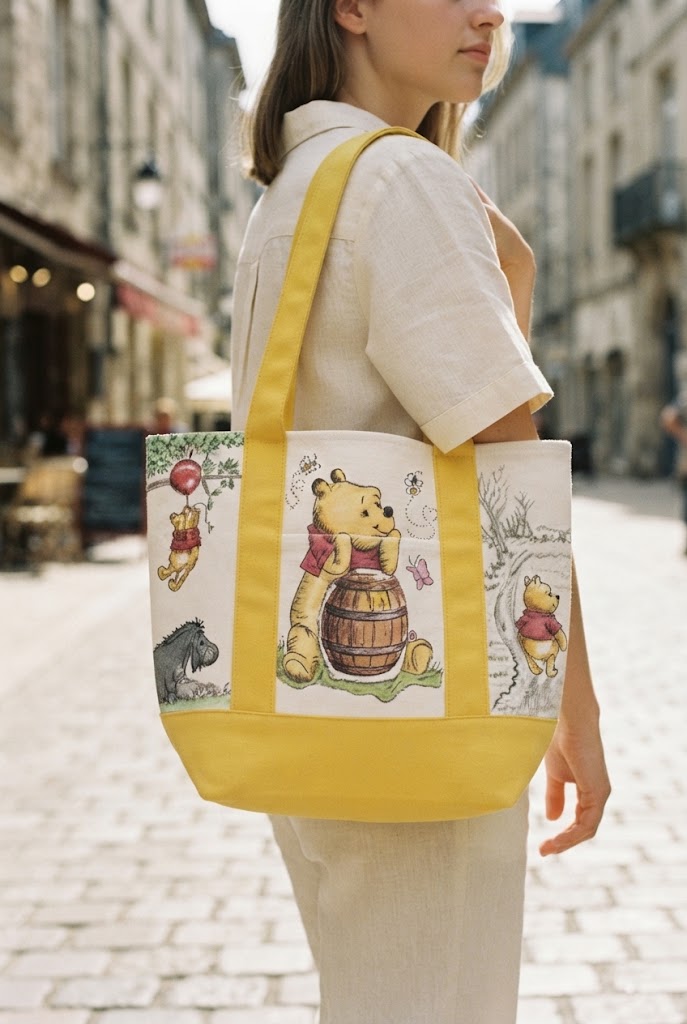 Curvite Winnie the Pooh x Trader Joe tote bag carried on a sunlit street