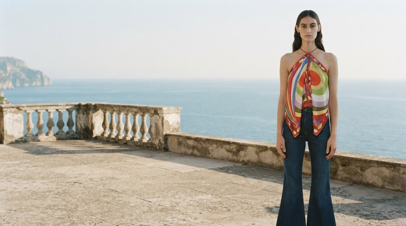 Model in the Curvite Iride print scarf chain top on a coastal terrace